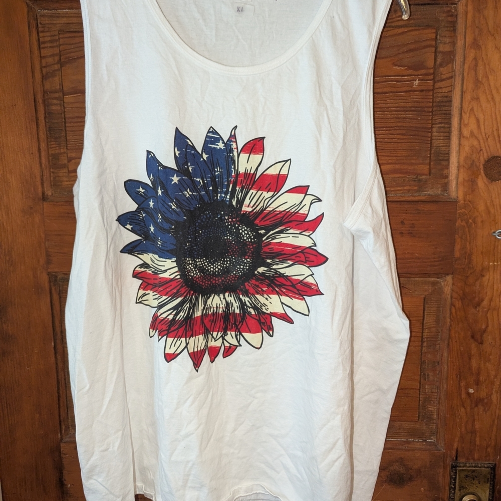 White Tan Sleeveless Tank Top with American‎ Flag Sunflower